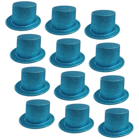12x Sky Blue Glitter Top Hats Bulk Pack - Sparkly Dance Costume/Fancy Dress Party