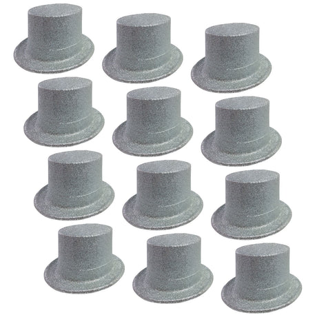 12x Silver Glitter Top Hats Bulk Pack - Sparkly Dance Costume/Fancy Dress Party