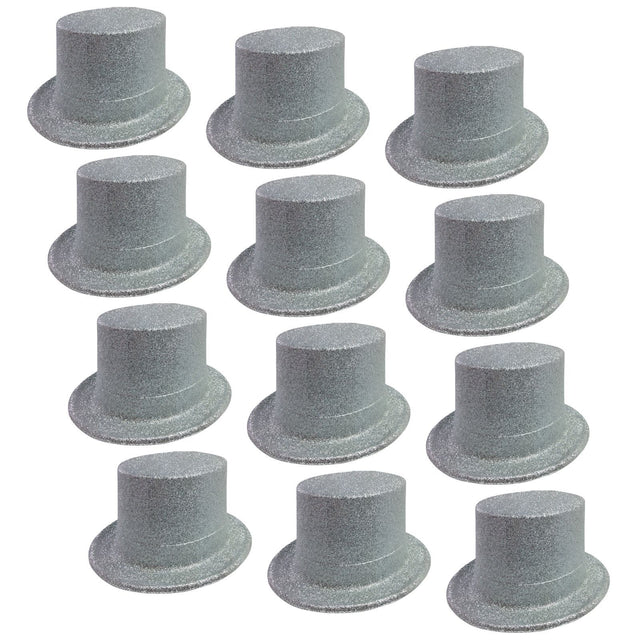 12x Silver Glitter Top Hats Bulk Pack - Sparkly Dance Costume/Fancy Dress Party