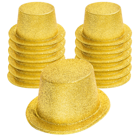12x Yellow/Gold Glitter Top Hats Bulk Pack - Sparkly Dance Costume/Fancy Dress Party