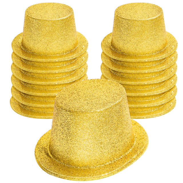 12x Yellow/Gold Glitter Top Hats Bulk Pack - Sparkly Dance Costume/Fancy Dress Party