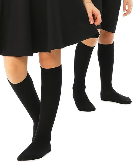 12x Knee High School Socks for Girls Boys Plain Cotton Rich Kids Bulk - 2-8 (Black)