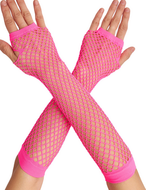 12 Pairs Hot Pink Long Fishnet Gloves Bulk - Fingerless Elbow Length (70s & 80s Costume/Party)