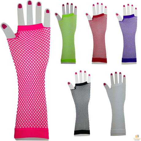 12x FISHNET GLOVES Fingerless Elbow Length 70s 80s Womens Costume Party BULK - Black