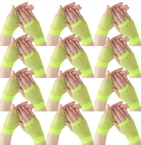 12 Pairs Yellow Fishnet Gloves Bulk - Fingerless Wrist Length (70s & 80s Costume/Party)