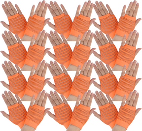 12 Pairs Orange Fishnet Gloves Bulk - Fingerless Wrist Length (70s & 80s Costume/Party)