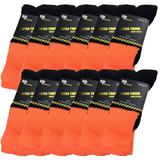 12x Pairs Orange Hi Vis Work Socks Bulk Pack - High Visibility Fluro Safety Tradie Workwear