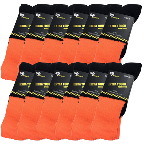 12x Pairs Orange Hi Vis Work Socks Bulk Pack - High Visibility Fluro Safety Tradie Workwear