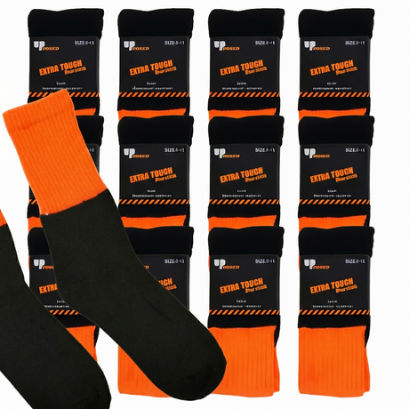 12x Pairs Orange Hi Vis Work Socks Bulk Pack - High Visibility Fluro Safety Tradie Workwear