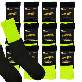 12x Pairs Yellow Hi Vis Work Socks Bulk Pack - High Visibility Fluro Safety Tradie Workwear