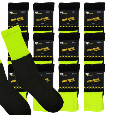 12x Pairs Yellow Hi Vis Work Socks Bulk Pack - High Visibility Fluro Safety Tradie Workwear