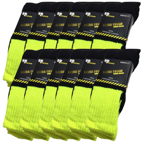 12x Pairs Yellow Hi Vis Work Socks Bulk Pack - High Visibility Fluro Safety Tradie Workwear