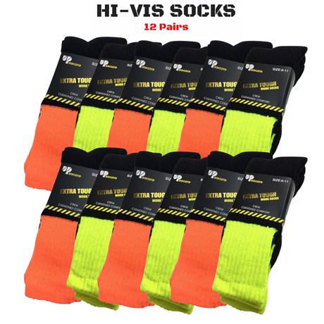 12x Pairs Yellow & Orange HI VIS SOCKS Bulk Pack - High Visibility Fluro Safety Workwear