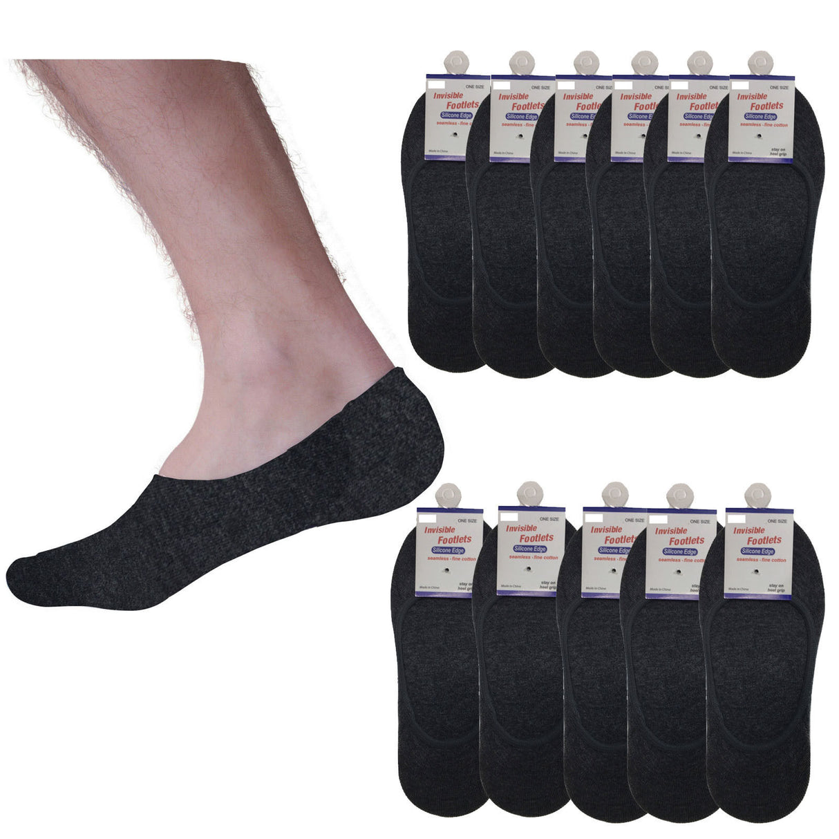 12x NO SHOW COTTON SOCKS Non Slip Heel Grip Low Cut Invisible Footlet Seamless - Charcoal - 2-8