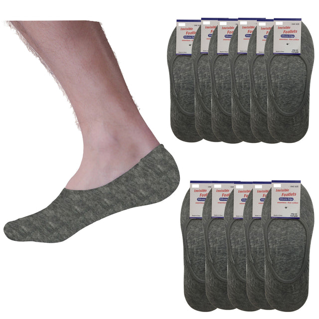 12x NO SHOW COTTON SOCKS Non Slip Heel Grip Low Cut Invisible Footlet Seamless - Grey - 2-8