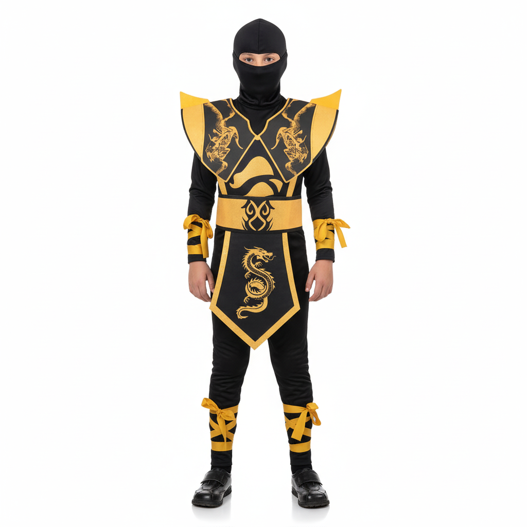 Children Ninja Warrior Assassin Suit Halloween Party Cosplay Costume in Yellow - 10-12 Years (135-150cm Height)