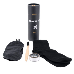 Travel Kit 4pc Tube Set - Eye Mask, Socks, Bamboo Toothbrush and Compressed Towel
