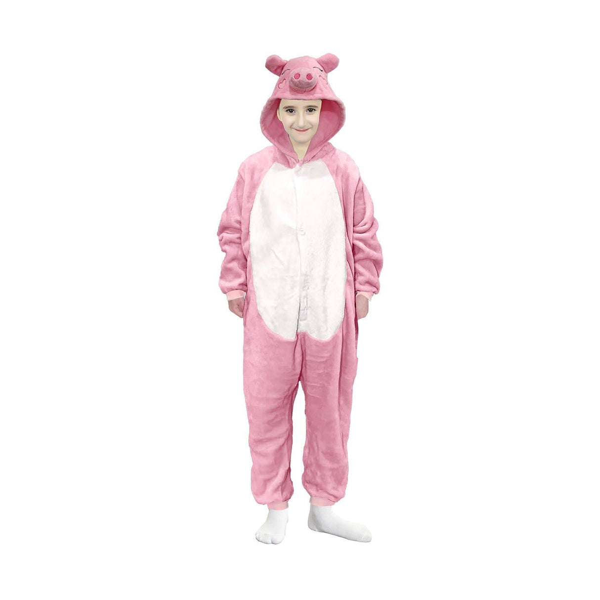 Kids Pink Piggy Bodysuit Costume - Childrens Hooded Animal Jumpsuit (6-9 & 10-12 Years)
