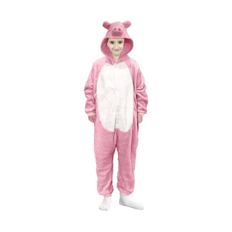Kids Pink Piggy Bodysuit Costume - Childrens Hooded Animal Jumpsuit (6-9 & 10-12 Years)