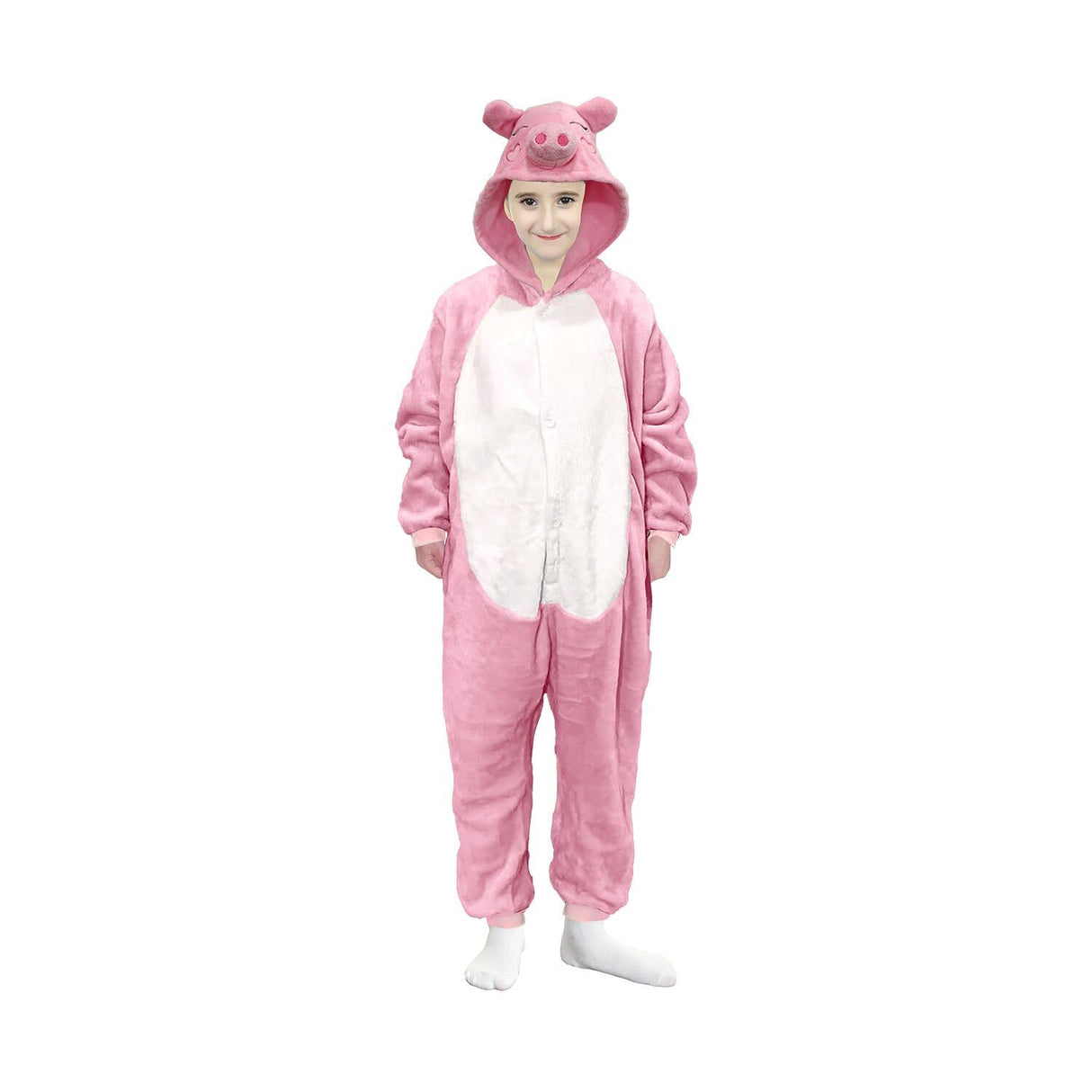 Kids Pink Piggy Bodysuit Costume - Childrens Hooded Animal Jumpsuit (6-9 & 10-12 Years)