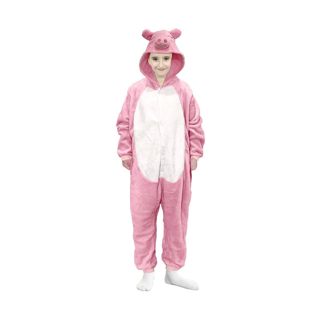 Kids Pink Piggy Bodysuit Costume - Childrens Hooded Animal Jumpsuit (6-9 & 10-12 Years)