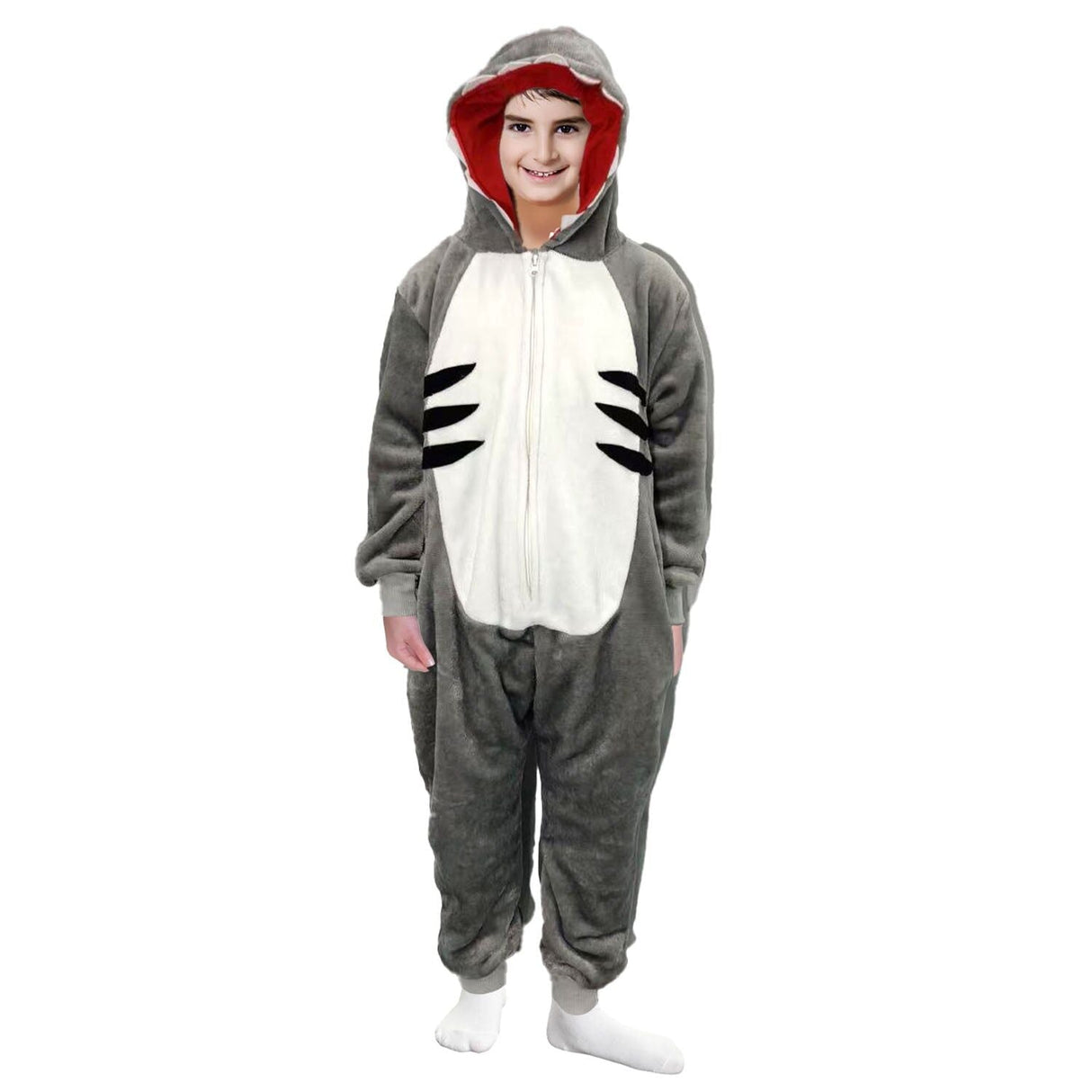 Kids Grey Shark Bodysuit Costume - Childrens Hooded Animal Jumpsuit (6-9 & 10-12 Years)