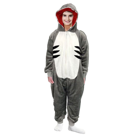 Kids Grey Shark Bodysuit Costume - Childrens Hooded Animal Jumpsuit (6-9 & 10-12 Years)