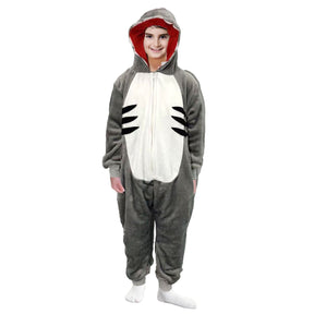 Kids Grey Shark Bodysuit Costume - Childrens Hooded Animal Jumpsuit (6-9 & 10-12 Years)