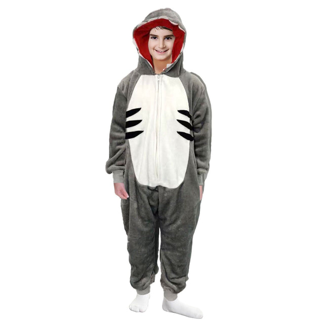 Kids Grey Shark Bodysuit Costume - Childrens Hooded Animal Jumpsuit (6-9 & 10-12 Years)