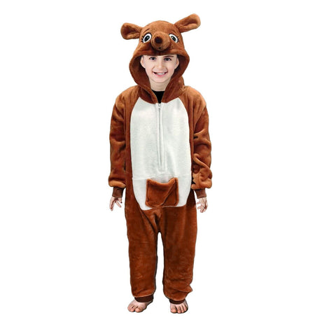 Kids Brown Kangaroo Bodysuit Costume - Childrens Hooded Animal Jumpsuit (6-9 & 10-12 Years)