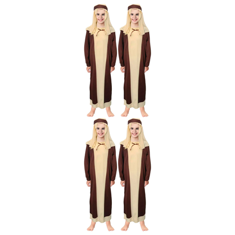 4x Kids Shepherd Costume Bulk Pack - Childrens Nativity Robe, Headpiece & Belt Set (6-9 & 10-12 Years)