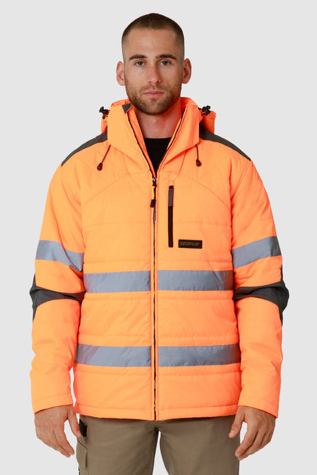 Caterpillar Mens Boreas Hi-Vis Puffer Jacket w Hood Water Resistant CAT - Orange