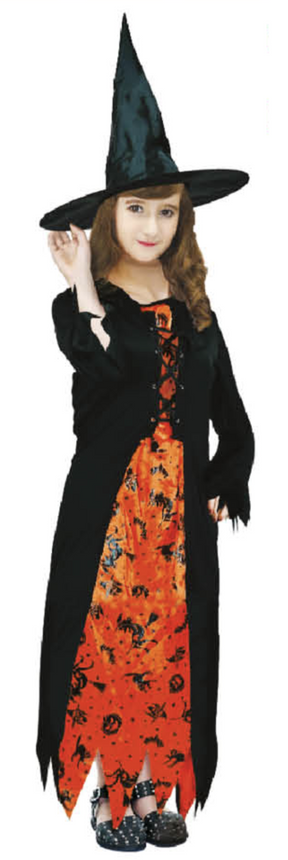Girls Black & Orange Wicked Witch Costume - Kids Halloween & Fancy Dress