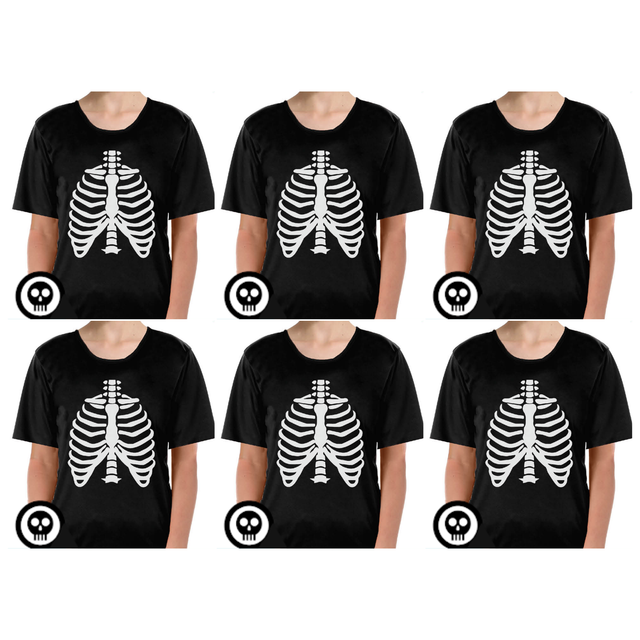6x Kids Skeleton Bones Halloween T-Shirt Bulk Pack - Childrens Scary Dress Up Book Week Top)