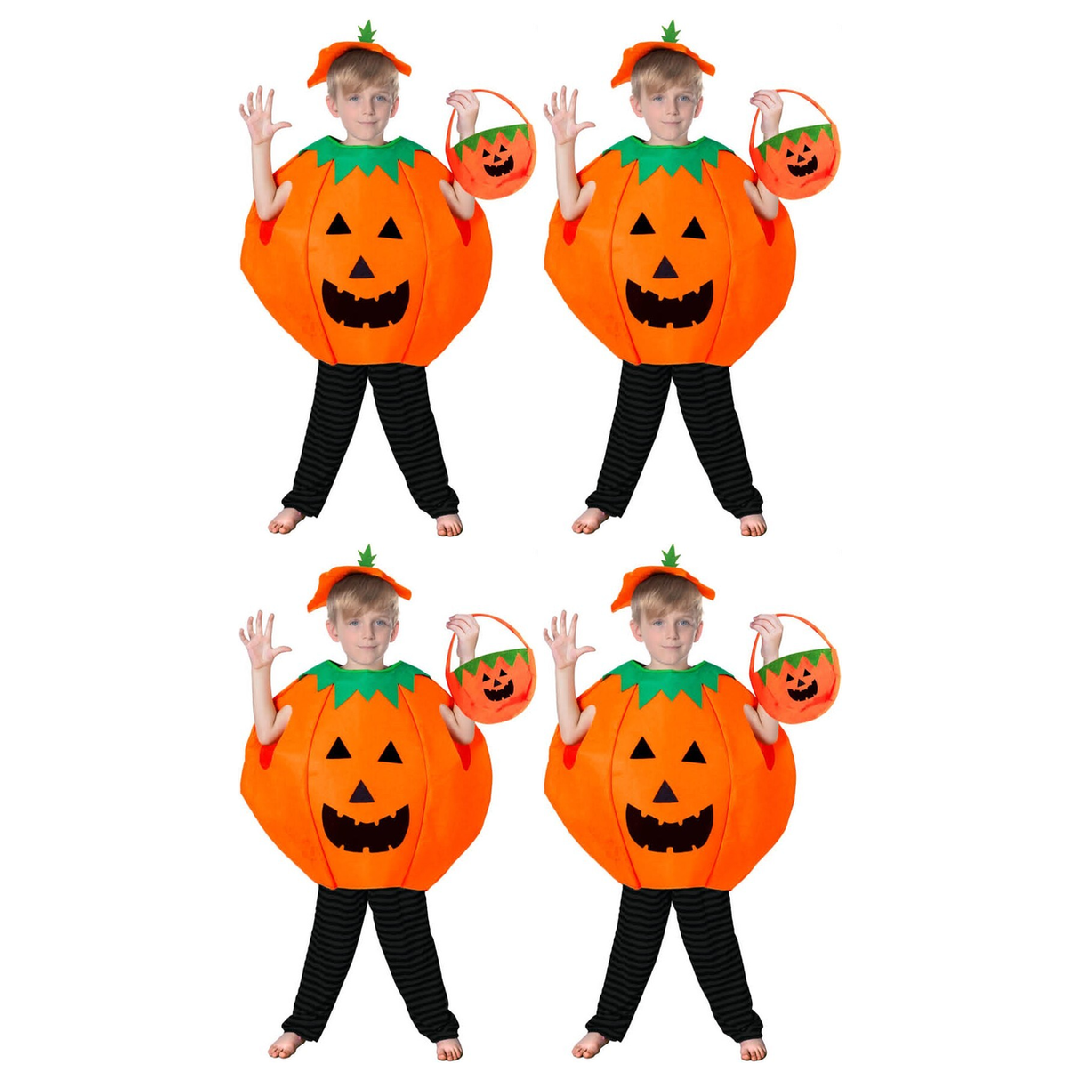 4x Kids Orange Pumpkin Costume w/ Bag & Hat Bulk Pack - Unisex (Book Week & Halloween Fancy Dress)