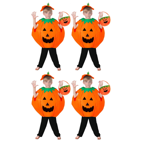 4x Kids Orange Pumpkin Costume w/ Bag & Hat Bulk Pack - Unisex (Book Week & Halloween Fancy Dress)