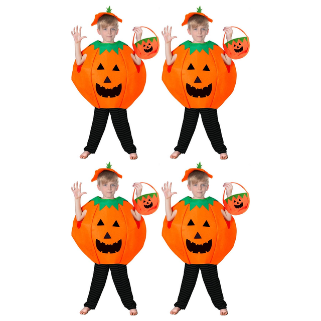 4x Kids Orange Pumpkin Costume w/ Bag & Hat Bulk Pack - Unisex (Book Week & Halloween Fancy Dress)