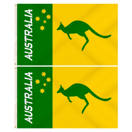 2x Australia Green & Gold/Yellow Flags w/ Kangaroo Pack - 90x150cm