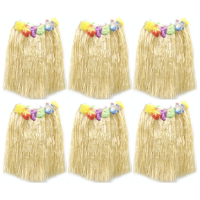 6x Womens 40cm Natural Hawaiian Hula Skirt Bulk Pack - Tropical Grass/Lei (Fancy Dress/Luau Party)