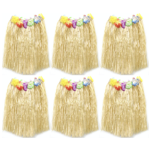 6x Womens 40cm Natural Hawaiian Hula Skirt Bulk Pack - Tropical Grass/Lei (Fancy Dress/Luau Party)