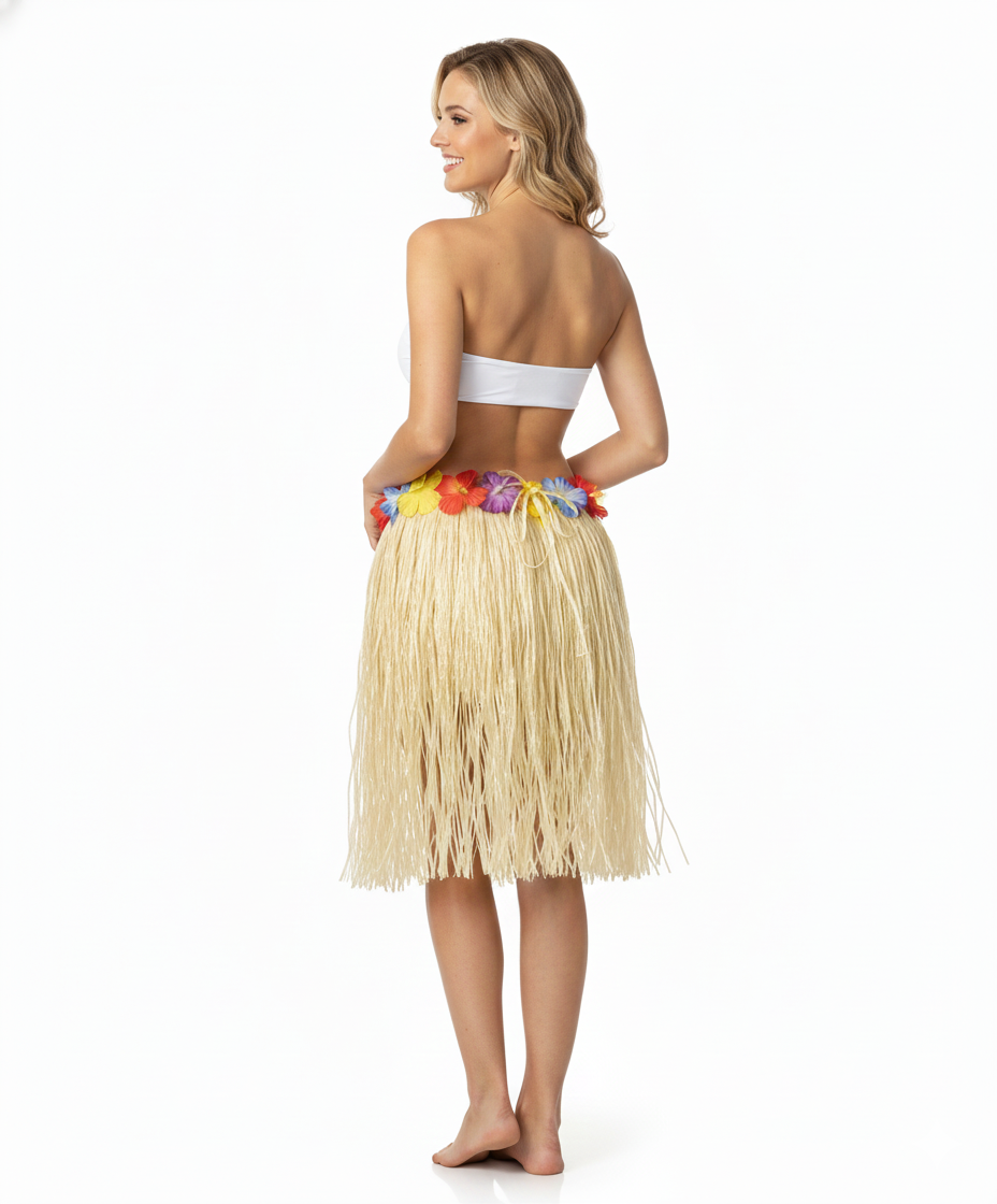Womens 40cm Natural Hawaiian Hula Skirt - Tropical Grass/Lei (Fancy Dress/Luau Party)