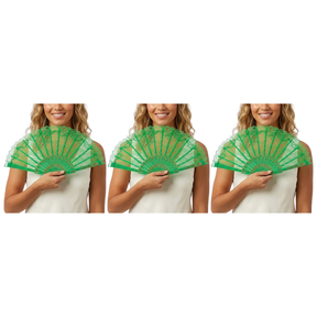3x Green Lace Hand Fan Pack - Folding Spanish Flamenco Costume/Vintage Wedding Accessory