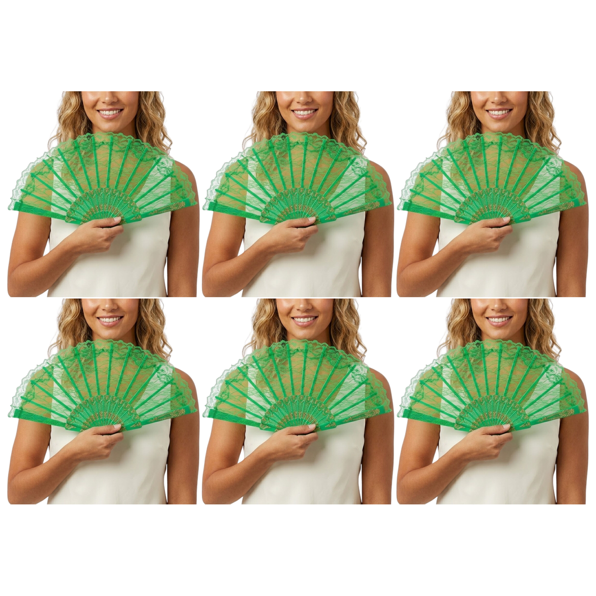 6x Green Lace Hand Fan Bulk Pack - Folding Spanish Flamenco Costume/Vintage Wedding Accessory