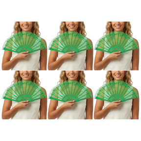 6x Green Lace Hand Fan Bulk Pack - Folding Spanish Flamenco Costume/Vintage Wedding Accessory