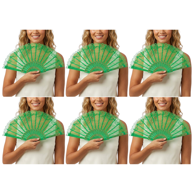 6x Green Lace Hand Fan Bulk Pack - Folding Spanish Flamenco Costume/Vintage Wedding Accessory