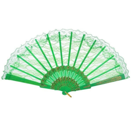 3x Green Lace Hand Fan Pack - Folding Spanish Flamenco Costume/Vintage Wedding Accessory