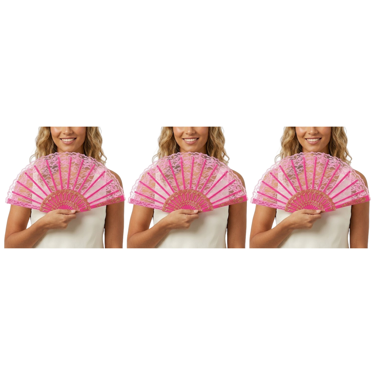 3x Light Pink Lace Hand Fan Pack - Folding Spanish Flamenco Costume/Vintage Wedding Accessory