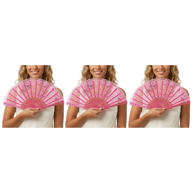 3x Light Pink Lace Hand Fan Pack - Folding Spanish Flamenco Costume/Vintage Wedding Accessory