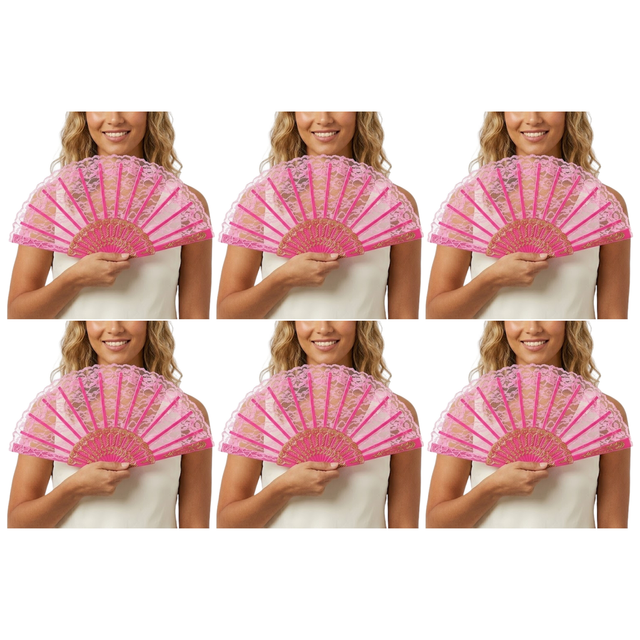 6x Light Pink Lace Hand Fan Bulk Pack - Folding Spanish Flamenco Costume/Vintage Wedding Accessory