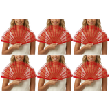 6x Red Lace Hand Fan Bulk Pack - Folding Spanish Flamenco Costume/Vintage Wedding Accessory